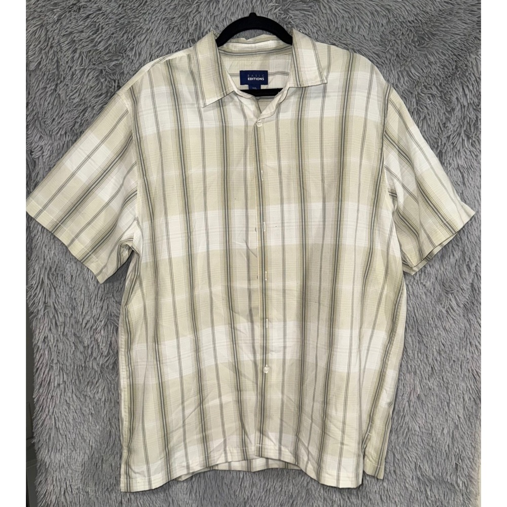 Basic Editions Men's‎ Short Sleeve Button Up Shirt Beige Plaid Size L G